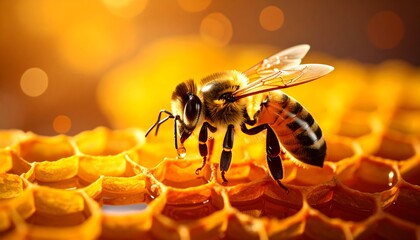 Honeybee on honeycomb close-up