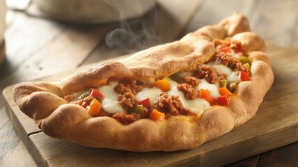 Realistic Calzone Pizza Pocket with Melted Cheese and Meat Filling