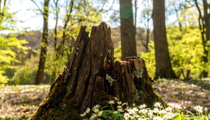 Forest stump with moss and flowers