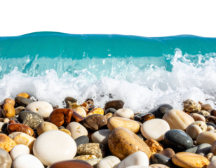 Close Up of Turquoise Wave Rolling Over Pebble Beach Vibrant Natural Illustration Isolated on Transparent Background