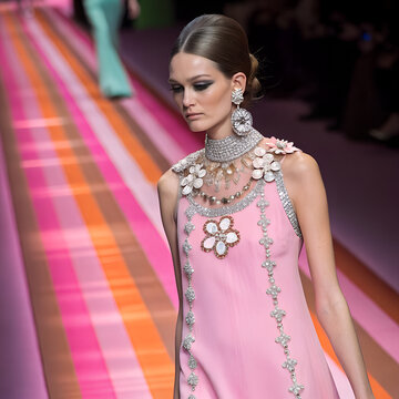 Ein Fashion-Model schreitet selbstbewusst den Laufsteg entlang und tr&auml;gt ein lebhaftes pinkfarbenes Kleid