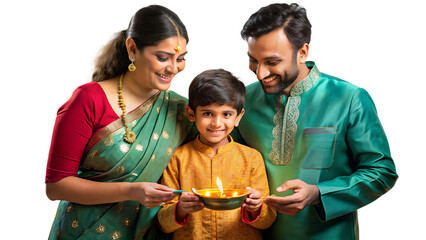 Happy Indian Family Celebrating Diwali on transparent background