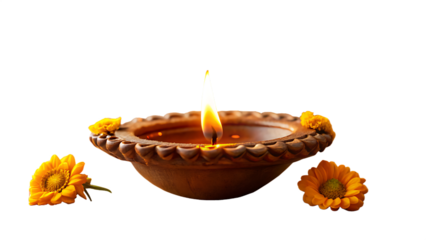 Lit Clay Diya with Marigold Flowers on Transparent Background