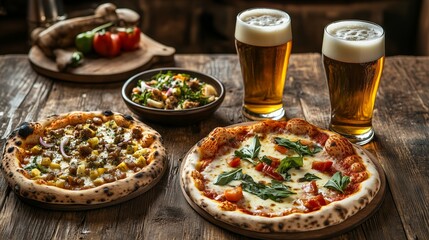 Enjoying craft beers with freshly baked pizzas and a vibrant salad at a rustic eatery in the early evening