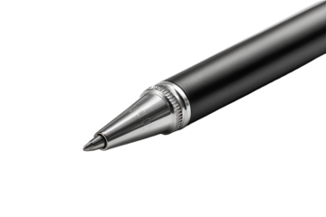 Close-up of a black pen's tip.  A shiny, metallic silver tip is sharply focused against a dark background. The pen's body is black and extends out of frame