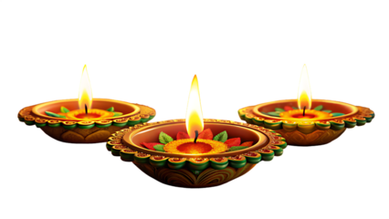 Three Illuminated Diwali Diya Lamps on Transparent Background