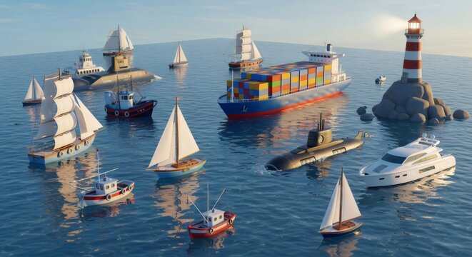 International trade and seafaring with various types of boats navigating the ocean near a lighthouse