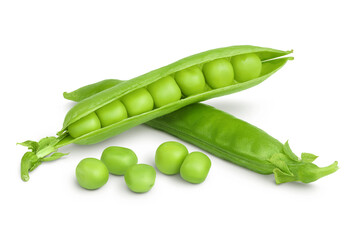 Fresh green pea pod with beans isolated on white background