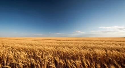 Obraz premium Golden wheat field swaying under blue sky on sunny day