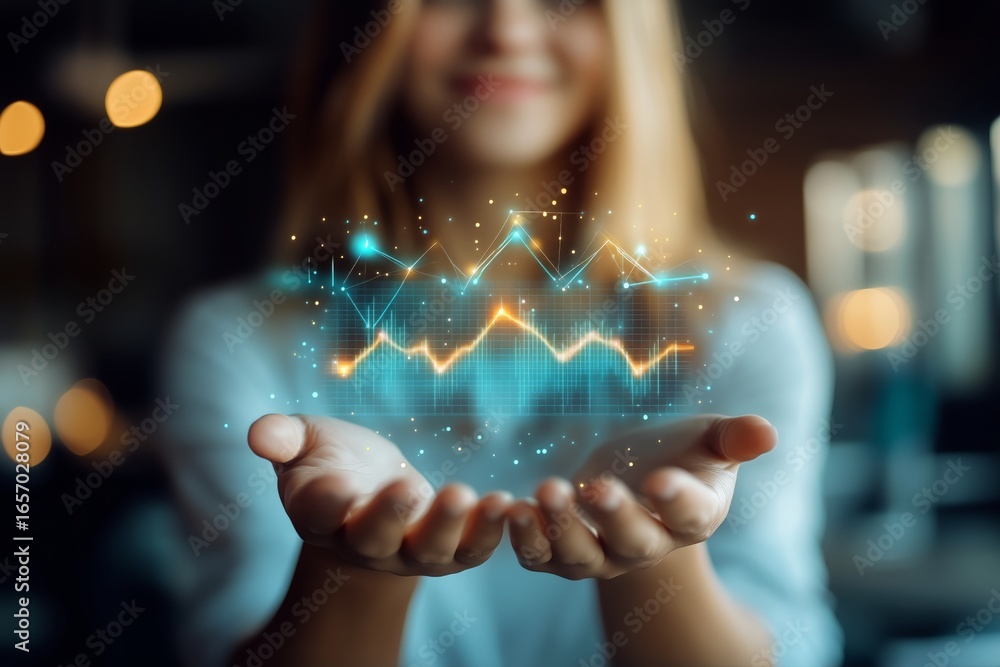 Aufkleber woman displaying digital financial data with glowing graphs and charts in modern workspace