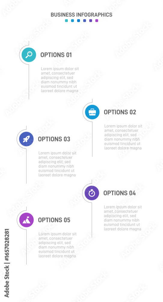 Poster vertical progress bar featuring 5 arrow-shaped elements, symbolizing the five stages of business str