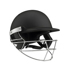 Fototapeta premium A professional studio photograph of a modern black cricket helmet with a metallic faceguard, fully visible and perfectly isolated on transparent background.
