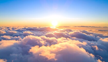 A breathtaking view of puffy clouds bathed in warm sunset hues, showcasing the sun's golden glow piercing through the atmospheric expanse.