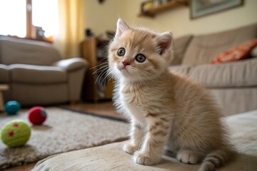 Adorable fluffy ginger kitten with big eyes sits on a sofa in a cozy living room