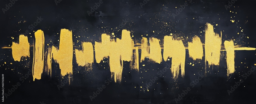 Poster golden sound wave art on black background with splashes of color capturing the essence of music and 
