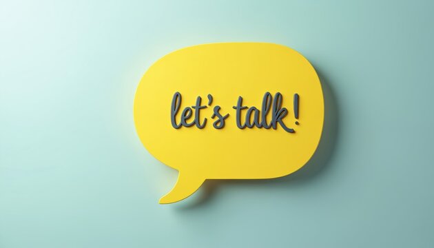 Yellow speech bubble with bold Lets Talk. text. Minimalist design, clean background implies communication, conversation, or introduction. Versatile for marketing, business, or web content elements.