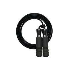 A high-quality studio photograph of a black jump rope with textured handles, coiled into a clean shape, fully visible and perfectly isolated on transparent background.