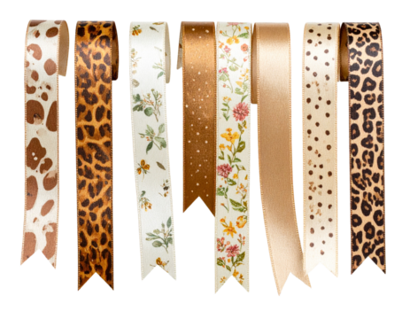 Decorative Ribbon Bundle with Mixed Animal and Floral Designs, Realistic Craft Supplies Isolated on Transparent Background