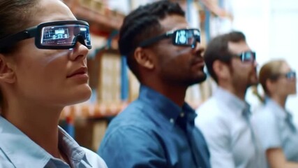 Smart warehouse, employees using augmented reality glasses to locate products. - Powered by Adobe