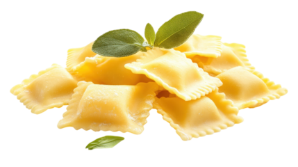 Pile of Square Ravioli with Sage Leaf Garnish isolated on a transparent or white background