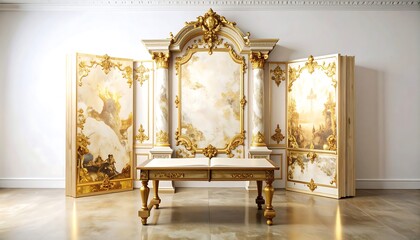 Ornate, gold-accented room divider with painted panels and a matching table stands proudly in a regal space.