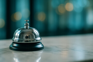 Silver hotel service bell on marble counter with bokeh background