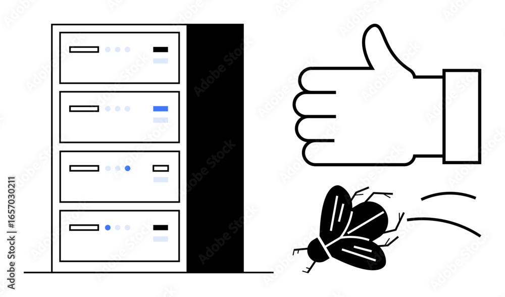 Poster server racks and a hand crushing a bug with a thumbs-up gesture. ideal for it support, bug fixing, t