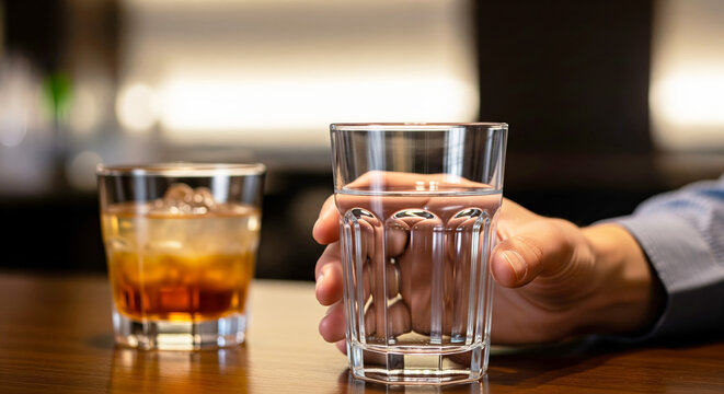 Hand choosing glass of water instead of alcohol on wooden table