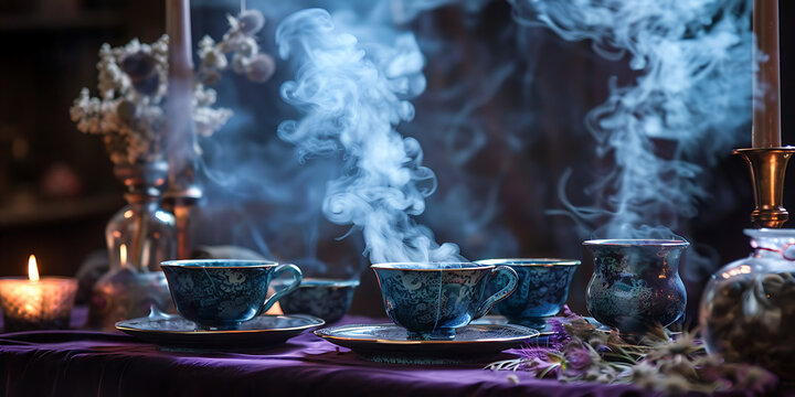 "Tea Cups with Steam, Candles, and Flowers in an Intimate Setting"