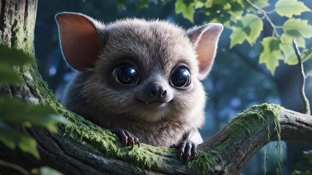 Small furry animal with large eyes and big ears on mossy branch