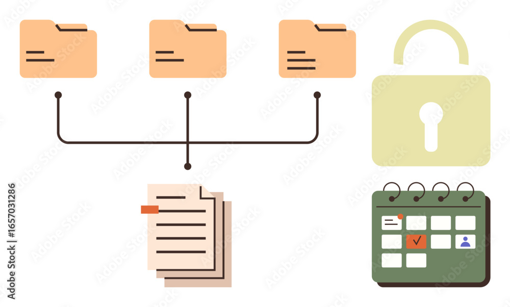 Poster folder structure connecting documents, secured with a lock icon, accompanied by a calendar. ideal fo