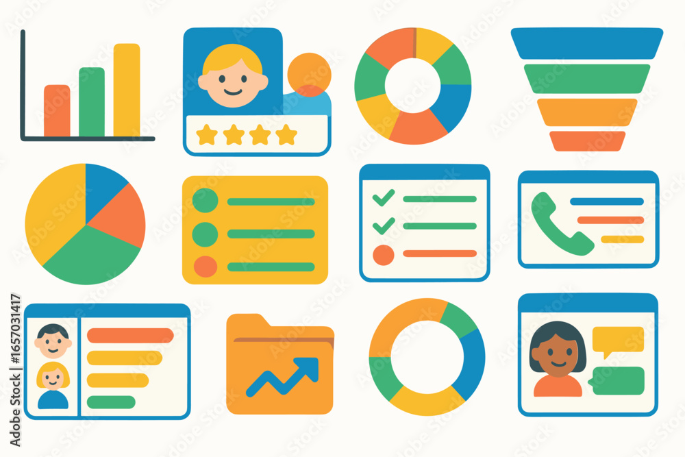Poster dashboard and analytics flat icon set. data visualization, statistics icons collection
