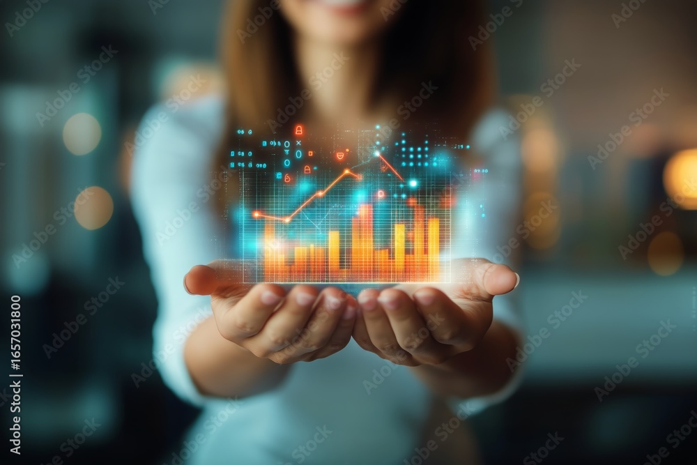 Aufkleber woman displaying digital financial data with glowing graphs and charts in modern workspace.