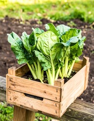 Fresh greens in a wooden crate