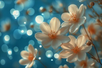 Naklejka premium Delicate White Flowers Bloom Against a Blue Background With Soft Glowing Bokeh Effects