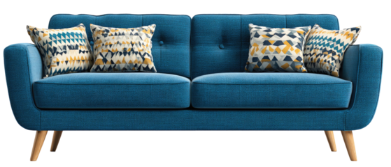 Mid-century modern teal sofa with patterned throw pillows.  