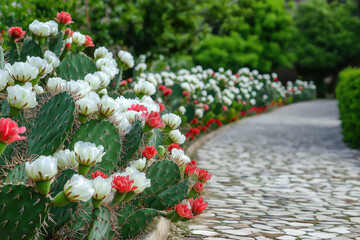 Blooming cactus plants lining stone walkway in lush garden. Desert landscape concept.