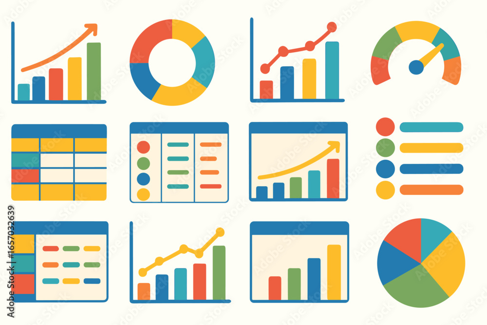 Poster data analysis flat icon set. graphs, charts and dashboard elements flat collection