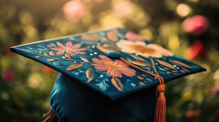 Hand-painted floral design adorns a graduation cap.