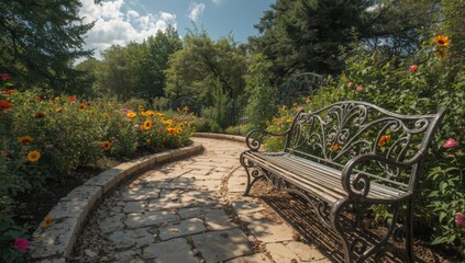 A wrought iron bench sits beside a stone path in a flower garden on a sunny day with trees around it