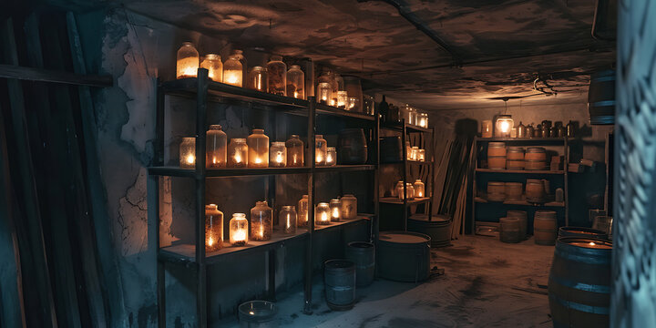"Ancient Cellar with Wooden Shelves Holding Glass Jars Illuminated by Lanterns"