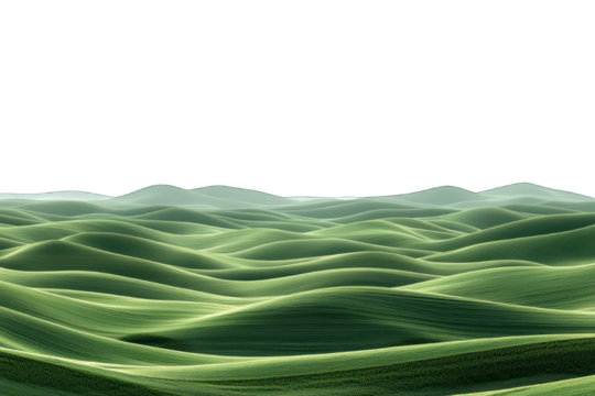 Green rolling hills fade to black, creating a stark, abstract landscape