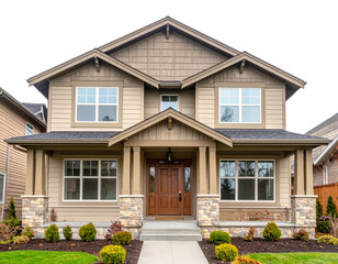 Front view of a classic two story American home pitched roof evenly spaced windows