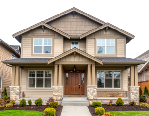 Front view of a classic two story American home pitched roof evenly spaced windows