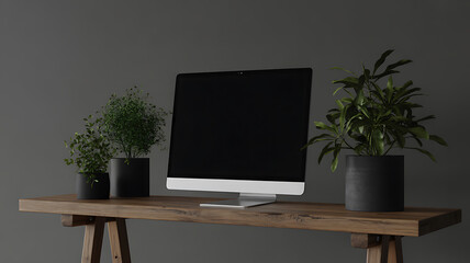 Computer monitor and potted plants on a wooden table desktop technology