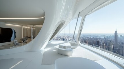Sleek, modern interior space with panoramic city views.