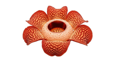 Large blossom with mottled red petals and a dark, central opening