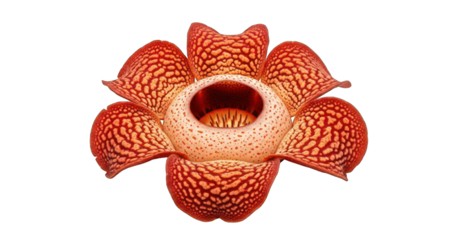 Large blossom with mottled red petals and a dark, central opening