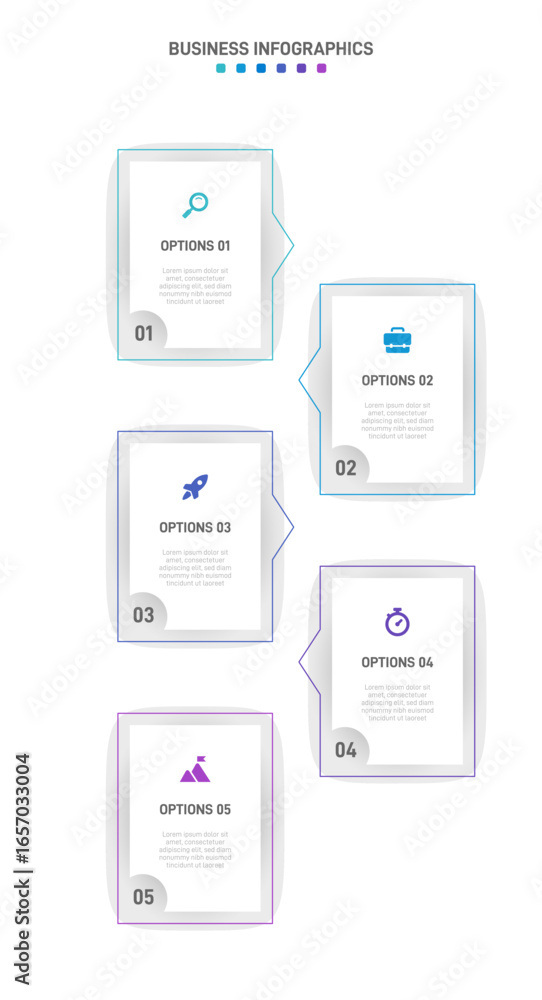 Aufkleber vertical progress bar featuring 5 arrow-shaped elements, symbolizing the five stages of business str