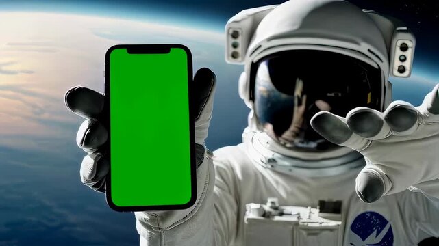 Astronaut Holding a Smartphone With Green Screen in Outer Space With White Suit And The Earth as Background